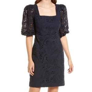 ELIZA J Eyelet Lace Puff Sleeves Square Neckline Navy Blue Dress Size 10 NWT